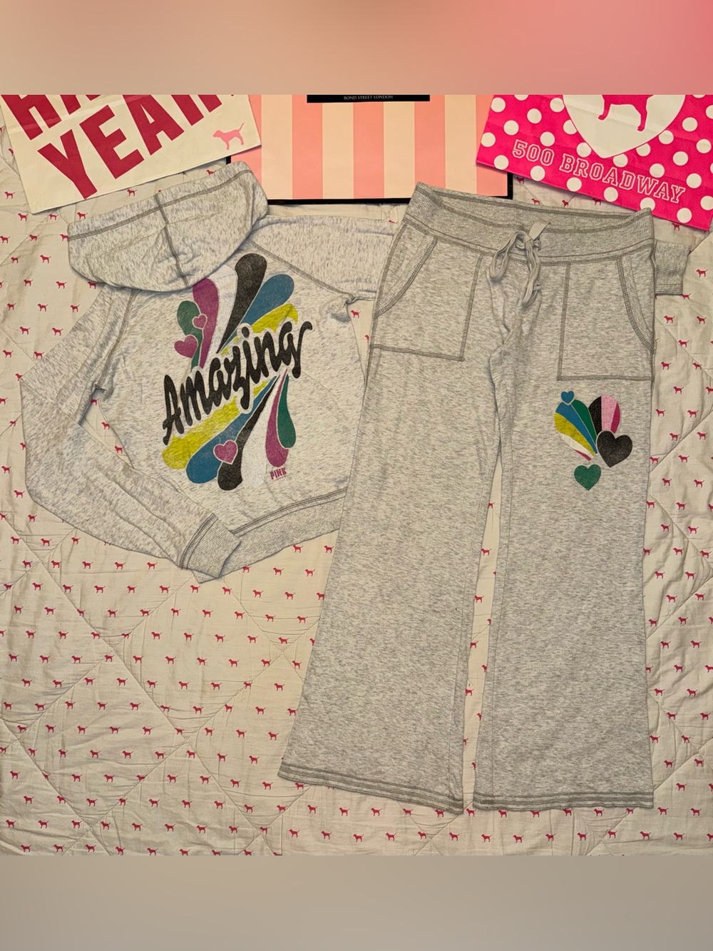 VS PINK VINTAGE Y2K SET HOODIE & FLARE SWEATPANTS GRAY RAINBOW AMAZING LOGO RARE
